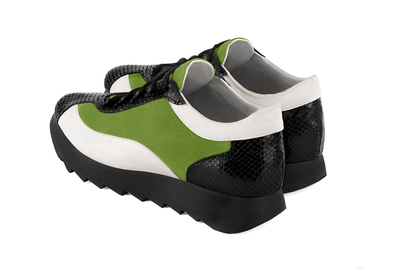 Satin black, grass green and off white women's elegant sneakers. Round toe. Low rubber soles. Rear view - Florence KOOIJMAN